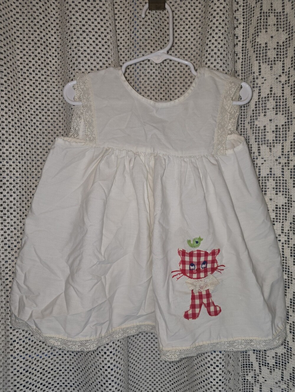 White Vintage Toddler Dress, Gingham Cat Design, Nannette, Approx 2T
